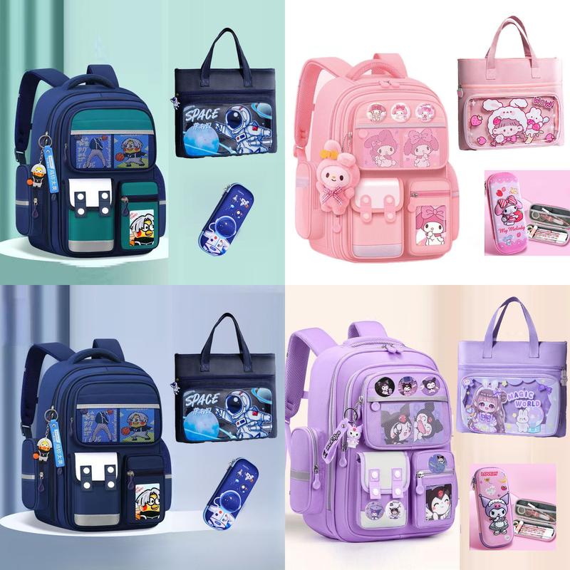 [M4] Combo balo chống gù, túi học thêm, hộp bút cho bé lớp 1-7 cho bé trai và bé gái hình melody, kuromi, con gà