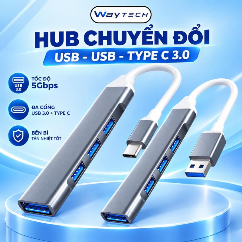 Bộ Chia Cổng Chuyển Đổi USB3.0 to Type-C 4in1 WAYTECH cho PC MacBook Laptop Điện Thoại
