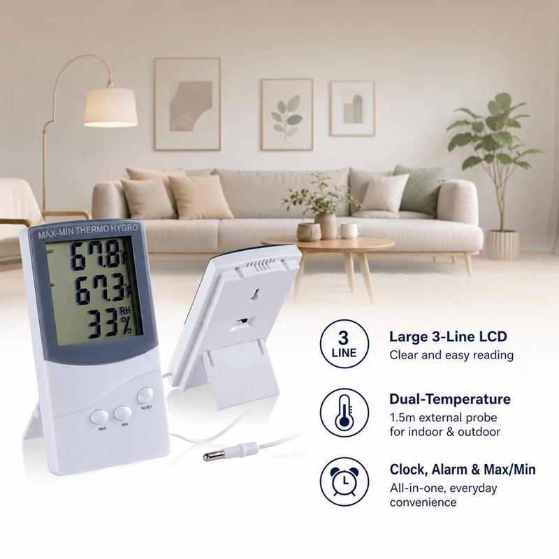 TA 318 đồng hồ đo nhiệt độ và độ ẩm trong nhà có màn hình lớn, kèm đồng hồ, độ…