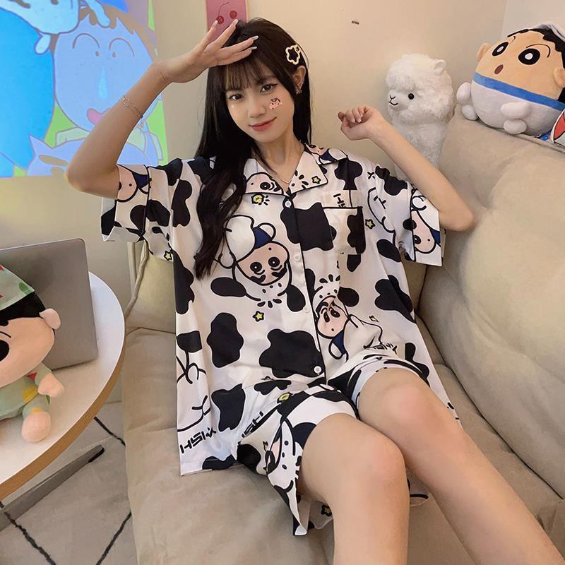 Đồ bộ pijama mặc nhà vải kate thô dành cho nữ hoạt hình tay cộc quần Đùi dễ…