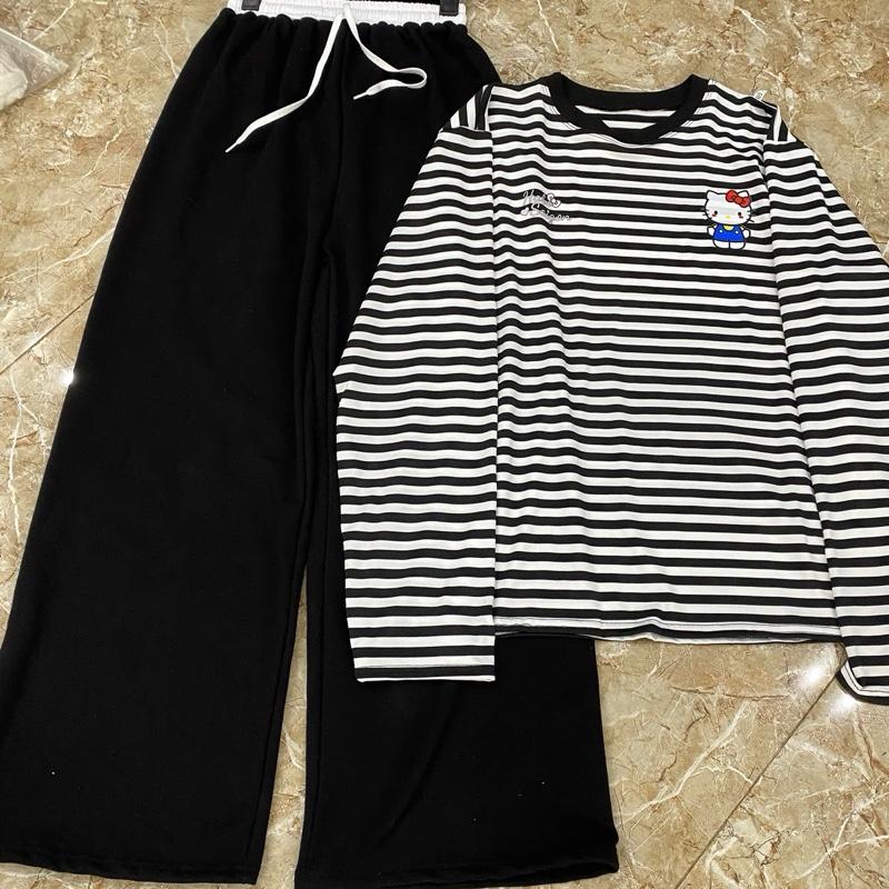  Sét bộ áo kẻ kitty mix quần suông phối cạp from rộng 35-55 kg Nữ  Pant   có lẻ quần   