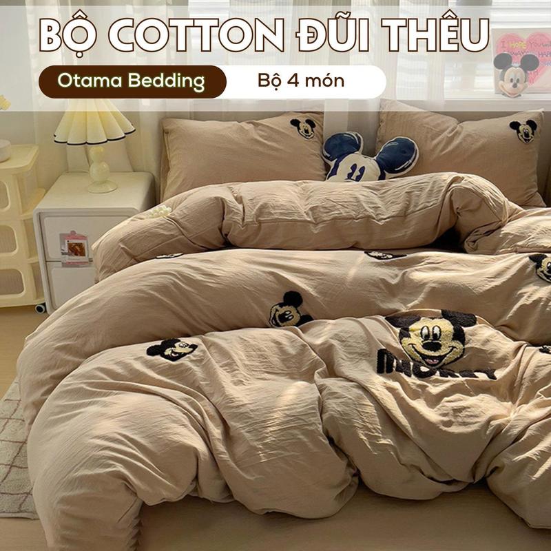 Bộ 4 món cotton đũi vỏ chăn ga gối decor phòng Hàn Quốc drap nệm bo chun phủ giường Otama Bedding