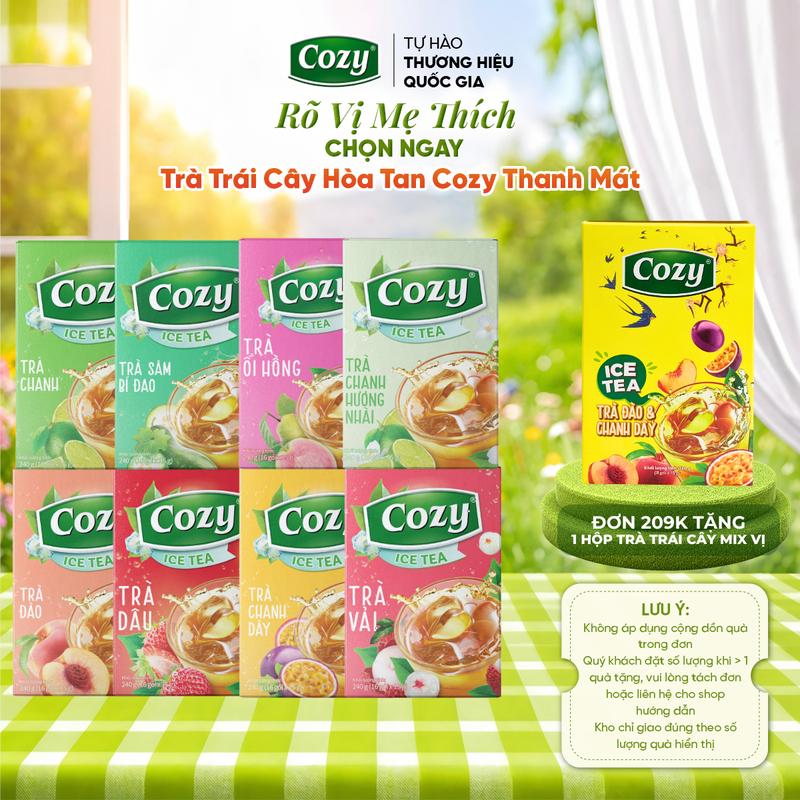 Trà Hòa Tan Cozy Các Vị Trái Cây Cozy Ice Tea, Trà Đào, Trà Chanh, Trà Vải, Trà Dâu, Trà Sâm Bí Đao, Trà Chanh Dây, Trà Ổi Hồng, Trà Chanh H
