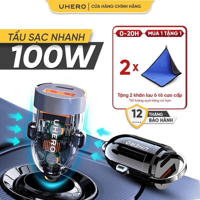 [TẶNG 2 KHĂN] UHero Tẩu sạc nhanh 100w, tẩu sạc ô tô nhỏ gọn TSN-01 hai cổng USB, typeC phù hợp các loại xe, các loại  thiết bị di động Phụ Kiện Phụ Tùng