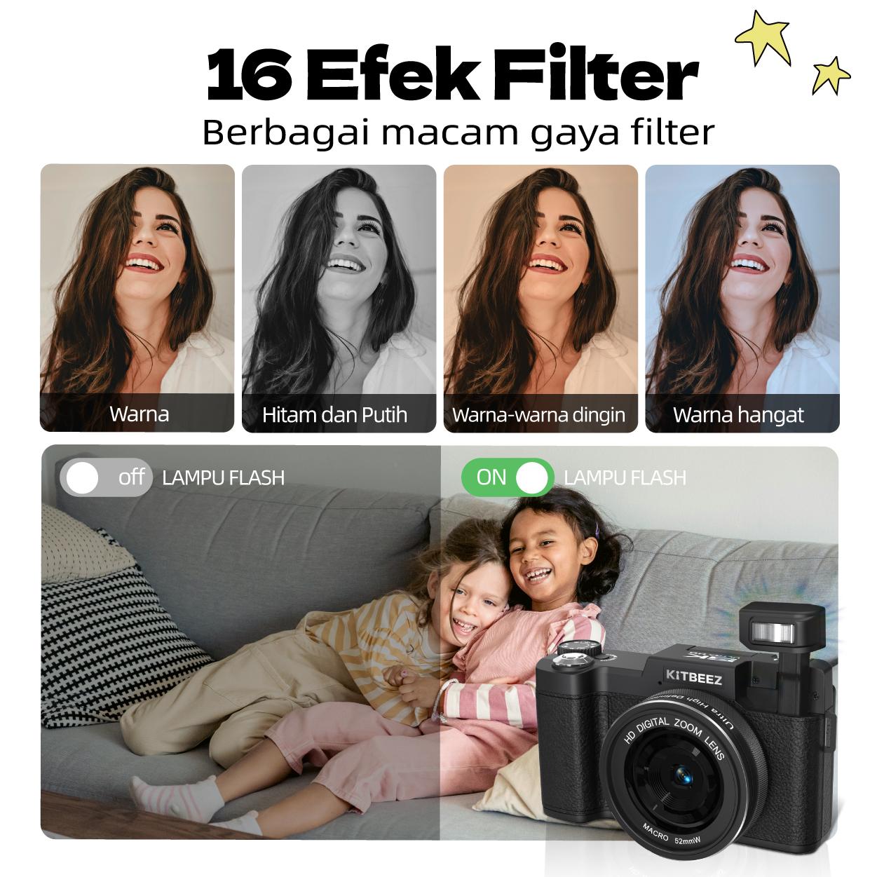 【KiTBEEZ KP-4】 Kamera Digital 5K WiFi 75MP dengan Zoom Digital 18X, Layar Putar 180°, Flash Intelligent Muncul Otomatis untuk Selfie & Pembuatan Vlog