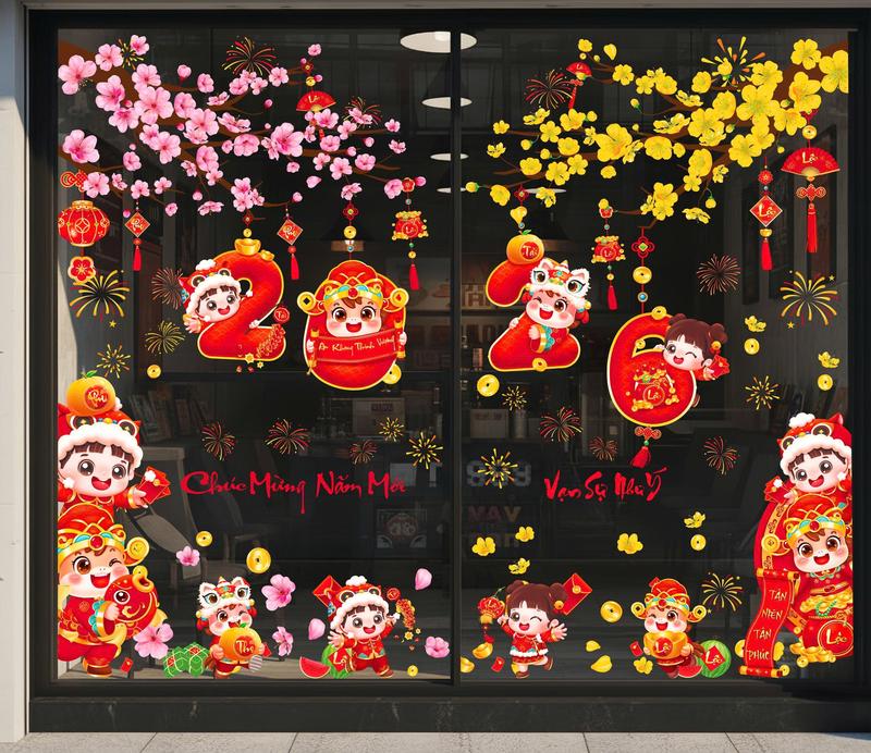 Decal Tết 2026 trang trí năm mới Bính Ngọ decal tĩnh điện chữ Tiếng Việt dán cửa kính hai mặt