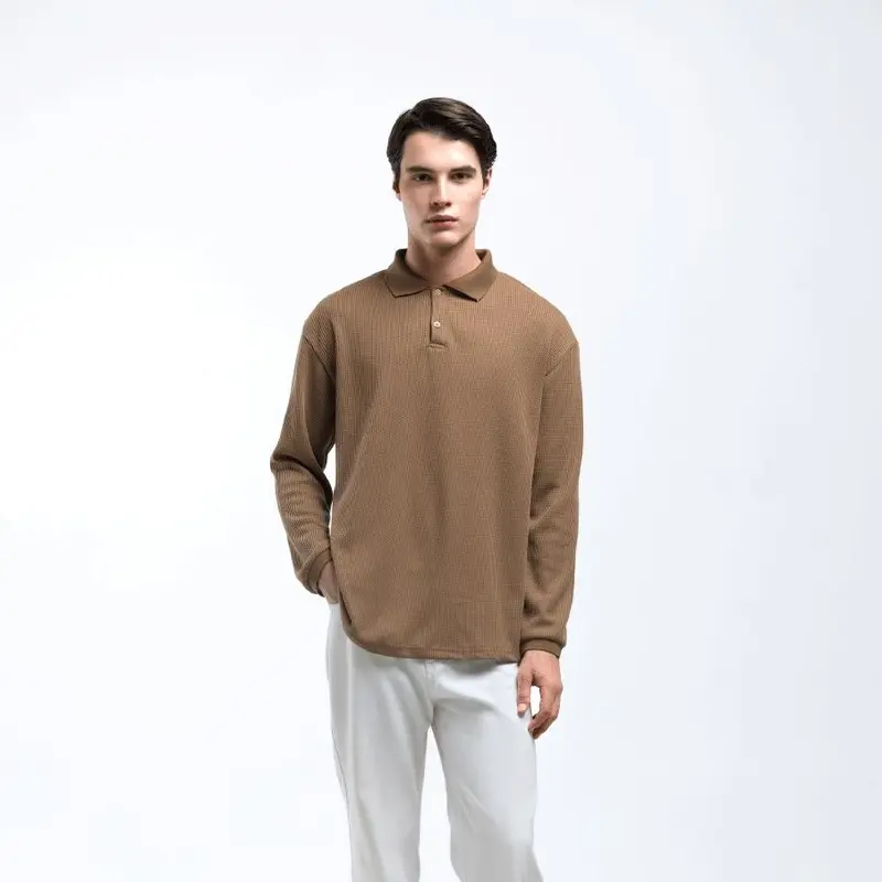 Broodis Kaos Polo Shirt Pria Kerah Knit HAKONE BROWN Lengan Panjang Casual Baju Fit Slim Basic Long Sleeve 1