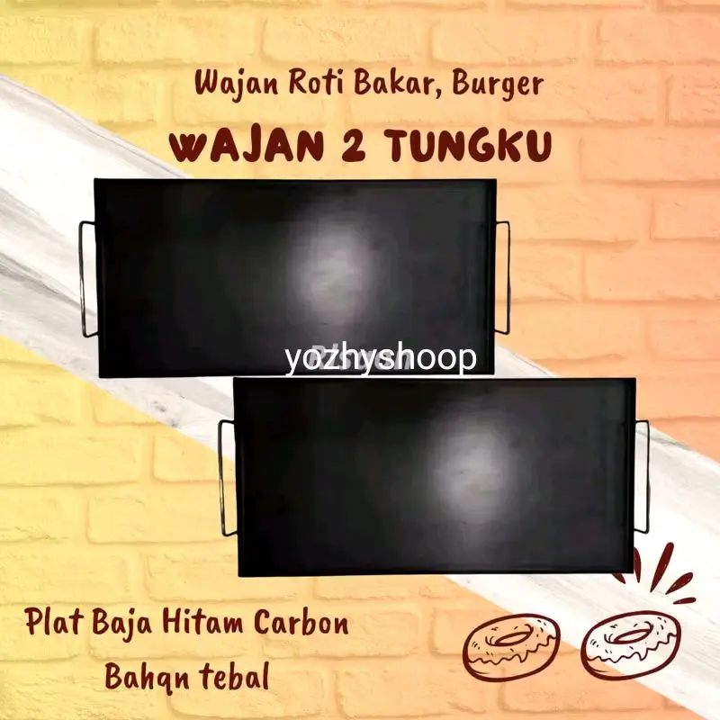 Wajan Roti Bakar 2 Tungku/Wajan Kebab/Burger 60x40 cm Bahan Plat Baja Hitam Carbon Anti Lengket Kitchenware Dapur