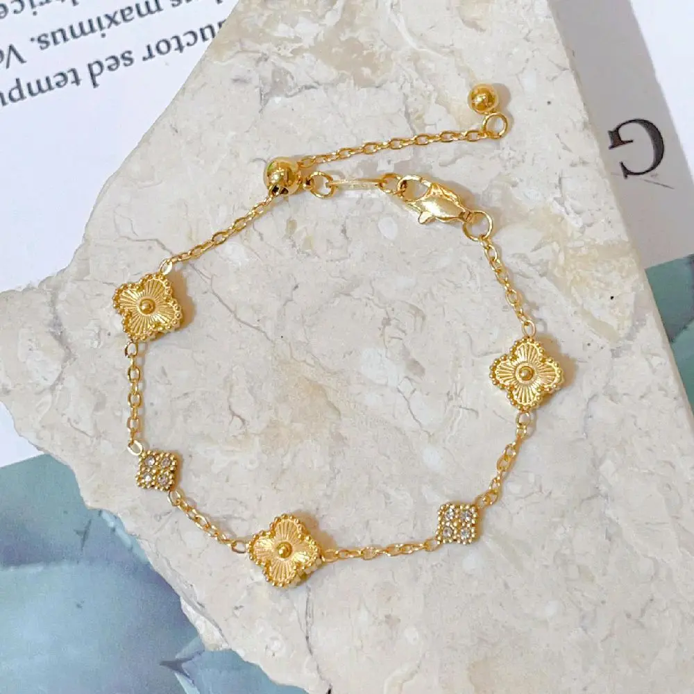 Gelang serut kait lobster bunga full mata Perempuan lapis emas Bracelets Elegan Gold Titanium