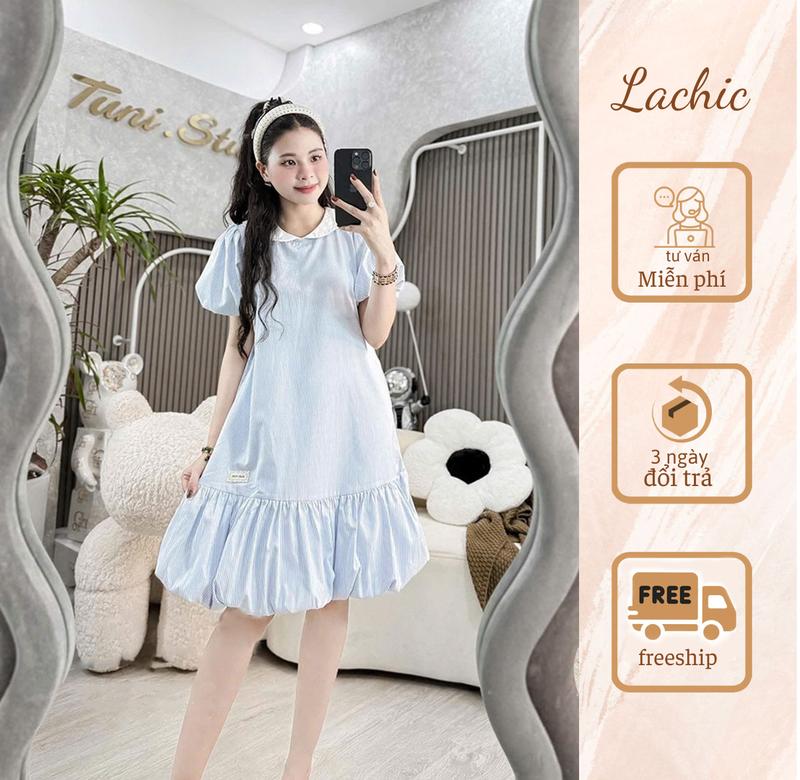 Váy bầu dáng suông babydoll sọc xanh cổ sen ,thiết kế Lachic V86