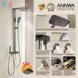 ANNWA Shower Tiang Set Column Keran Mandi Kran Air Panas Dingin Faucet Shower Mandi Full Set Brass Anti Karat Dengan Tombol Piano