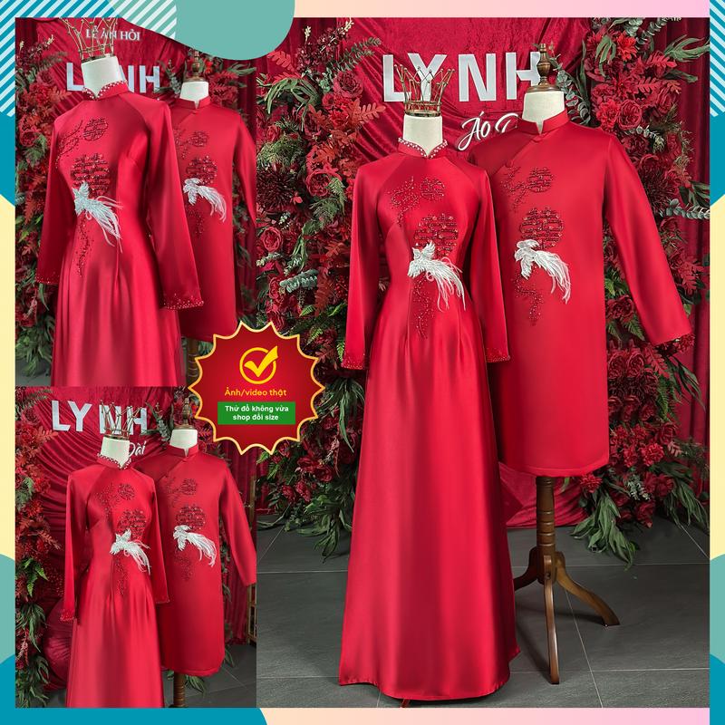 Áo dài cặp họa tiết Hỉ 2 hạc trắng - Áo Dài Lynh Nữ Áo Cưới Váy Cưới Women Dress Voan Bo Chun Voan Bo Chun