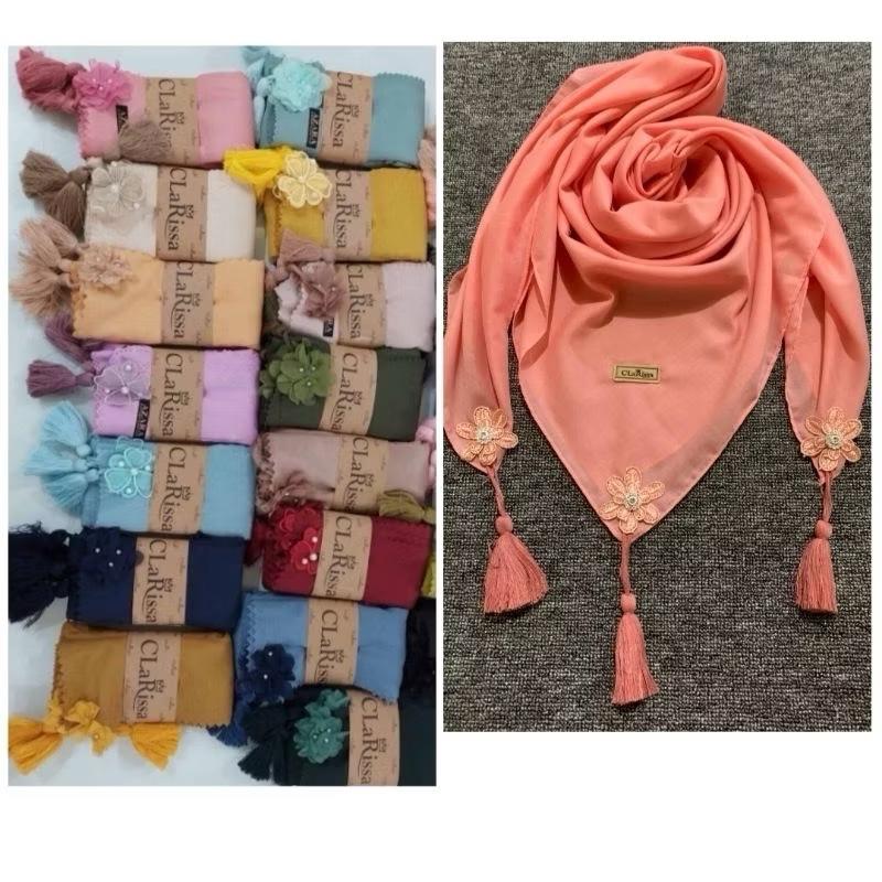 segi empat sarah bunga tasel bahan voal model terbaru Kerudung Nyaman Lembut Muslim Square 3