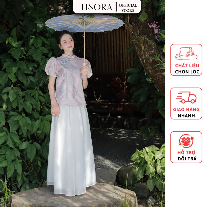  Tisora Sét áo gấm hoa tay phồng đính hoa + chân váy mặc Tết đi Lễ chụp ảnh du xuân 