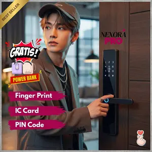 Pintu Kunci Cerdas Modern Smart Door Lock PREMIUM 4-in-1 dengan Sidik Jari, PIN, Kartu Akses, Kunci Manual, Pegangan Reversible, Hitam Elegan, Baterai AA 6V, 27 CM x 5 CM