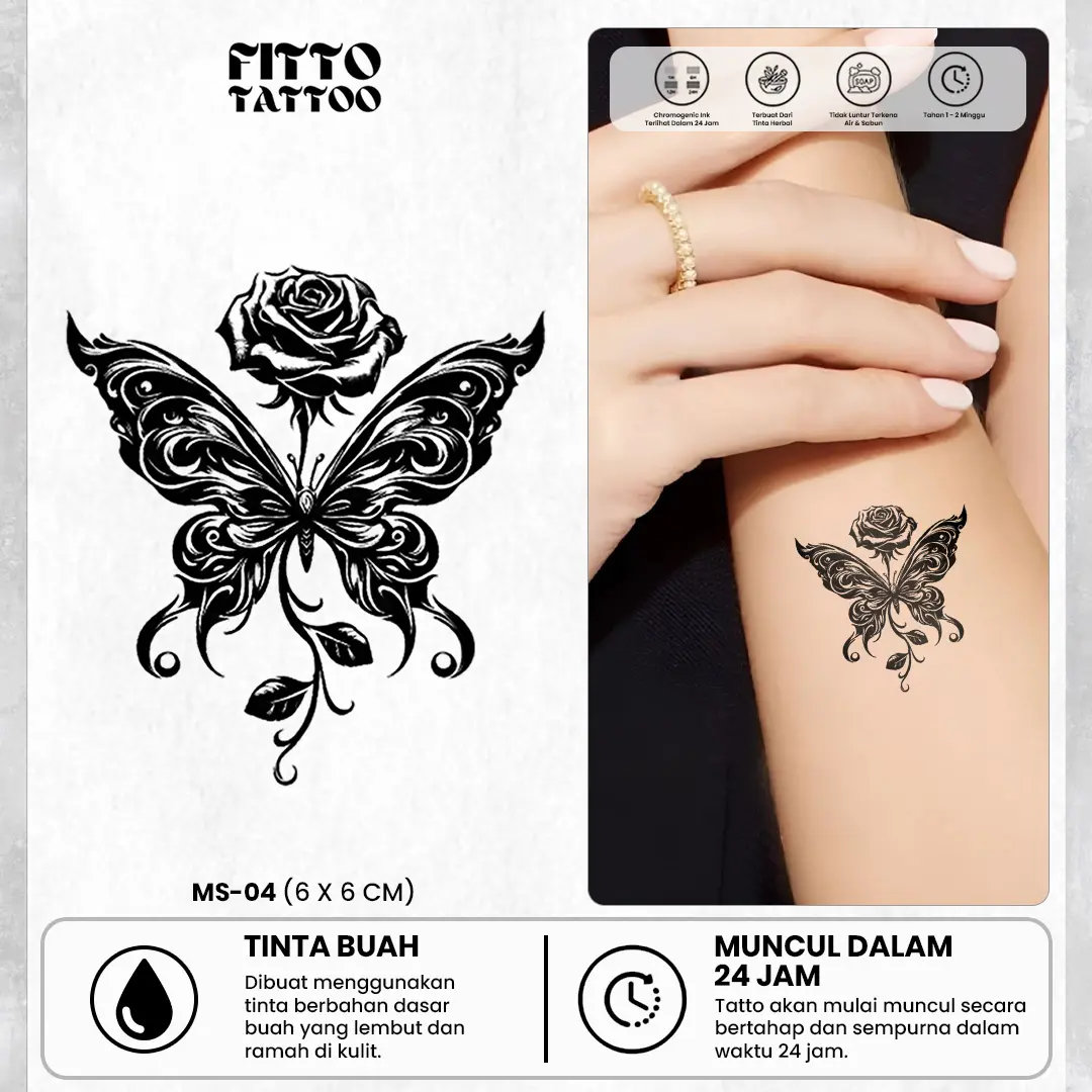 FITTO TATTOO Stiker Tato Temporar Premium Kecil Semi Permanen GZX-060 kupu-kupu 7x12 cm Waterproof Tahan Air & Sabun