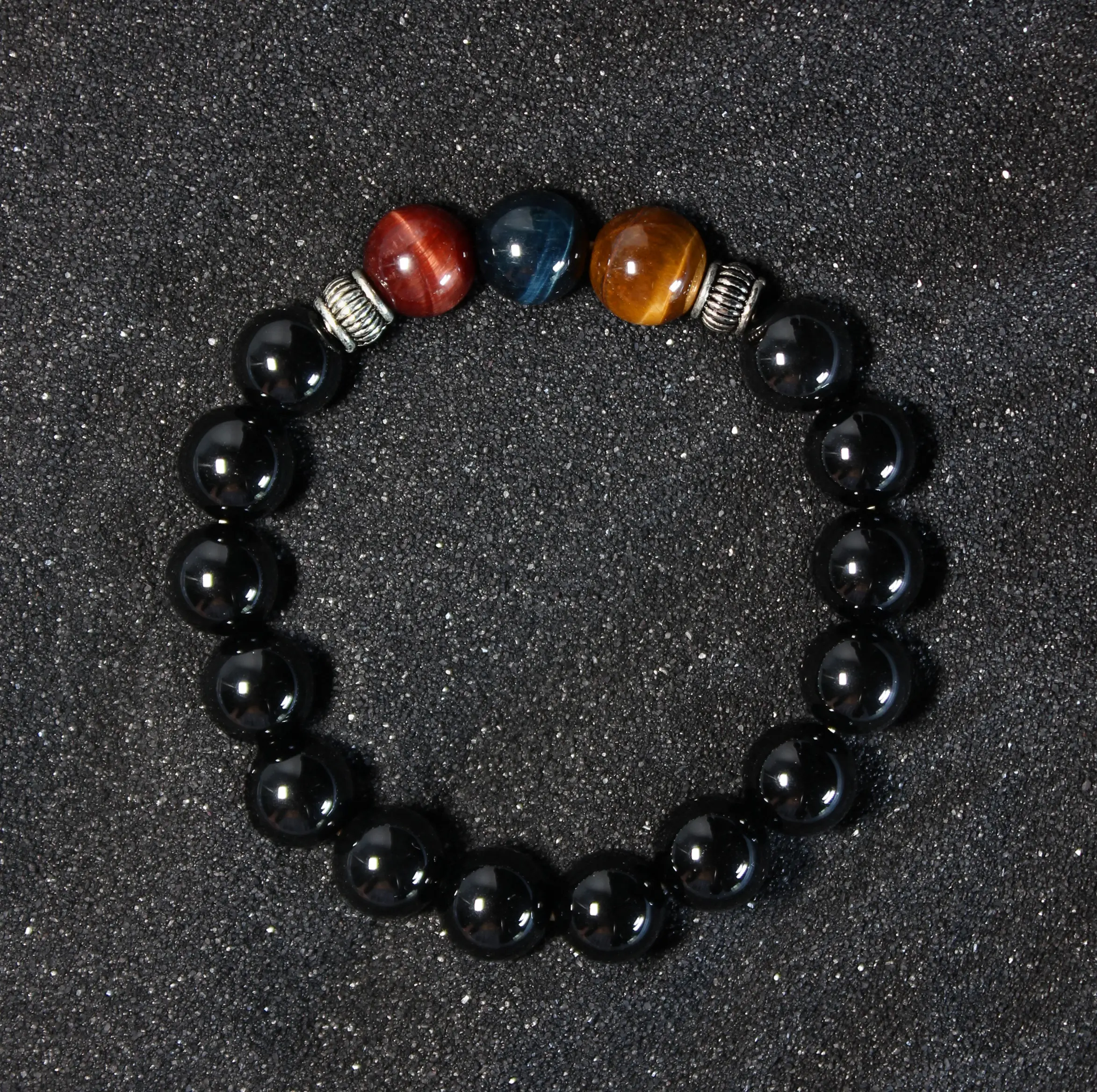 A008 Tiger Eye Trio & Onyx Bracelet (10mm)