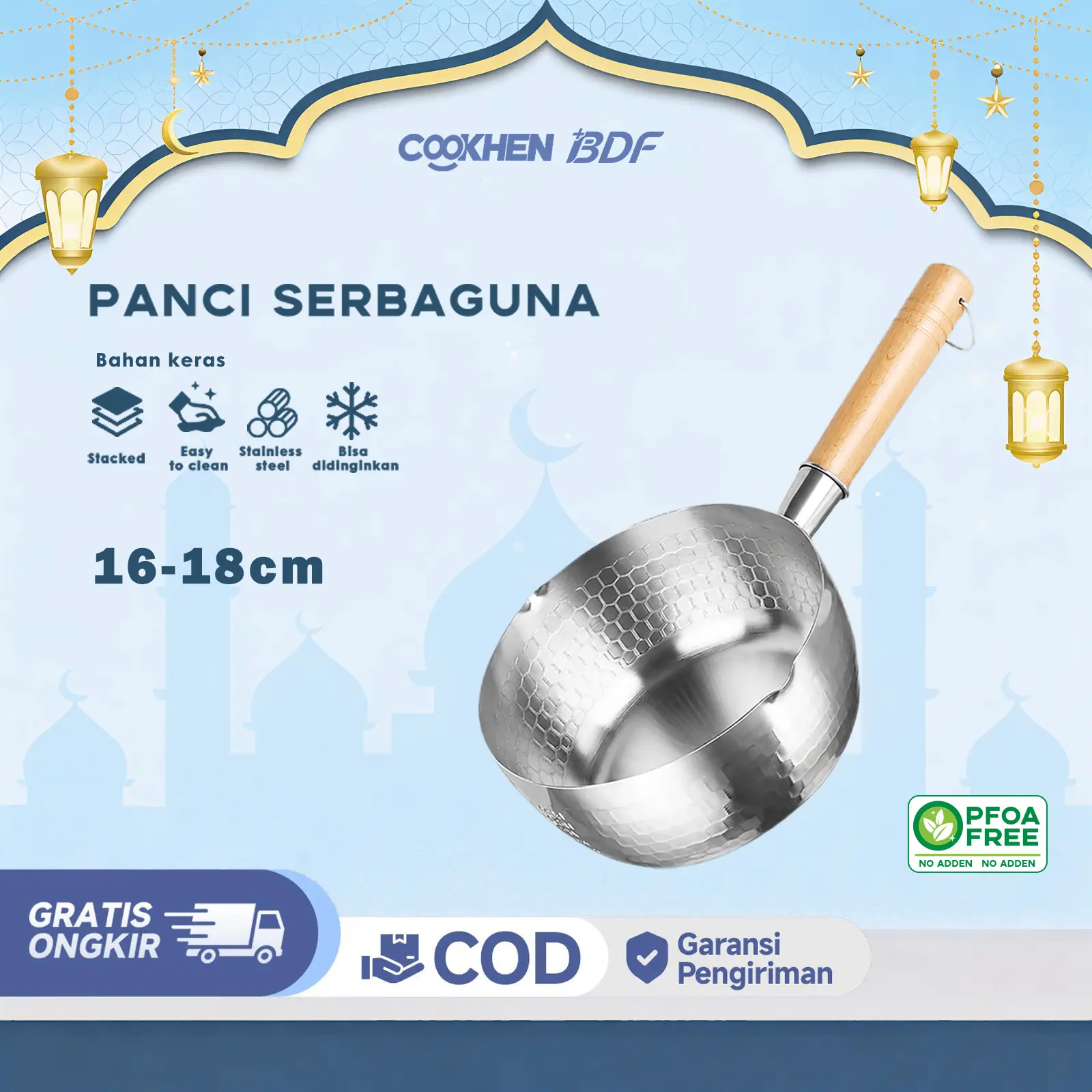 COOKHEN BDF 16/18/20CM Panci Mie Premium Stainless Steel 304 Food Grade/Panci Mie Rebus Sayur Sup Ukuran/Panci Serbaguna