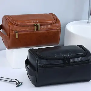 TANTOMI Leather Men Business PortableStorage Bag Toiletries Organizer WomenTravel Cosmetic Bag Hanging WaterproofWash Pouch
