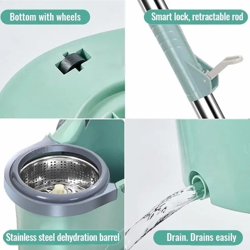 Viling Store - Alat Pel Putar dan Set Ember Dengan Roda Spin Mop Pembersih Rumah Tangga Pel Putar Otomatis dengan Ember Pel Putar Ember Datar untuk Pembersihan Lantai Cuci 7