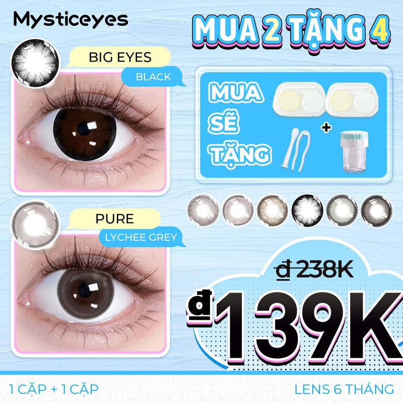   mua 2 tặng 4 lens 0 độ  Kính áp tròng Mysticeyes 14.0-14.5mm; 2 cặp lens + 2 khay đựng lens + máy rửa lens + nhíp và que đeo lens 