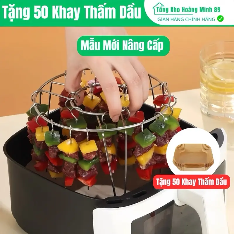 Vỉ Nướng Thịt giá nướng thịt 24 xiên cho nồi chiên không dầu giá nướng thịt chuyên dụng vỉ giá làm thịt nướng BBQ giá xiên chống rỉ size 16cm [Tặng 50 khay Thấm Dầu] 2