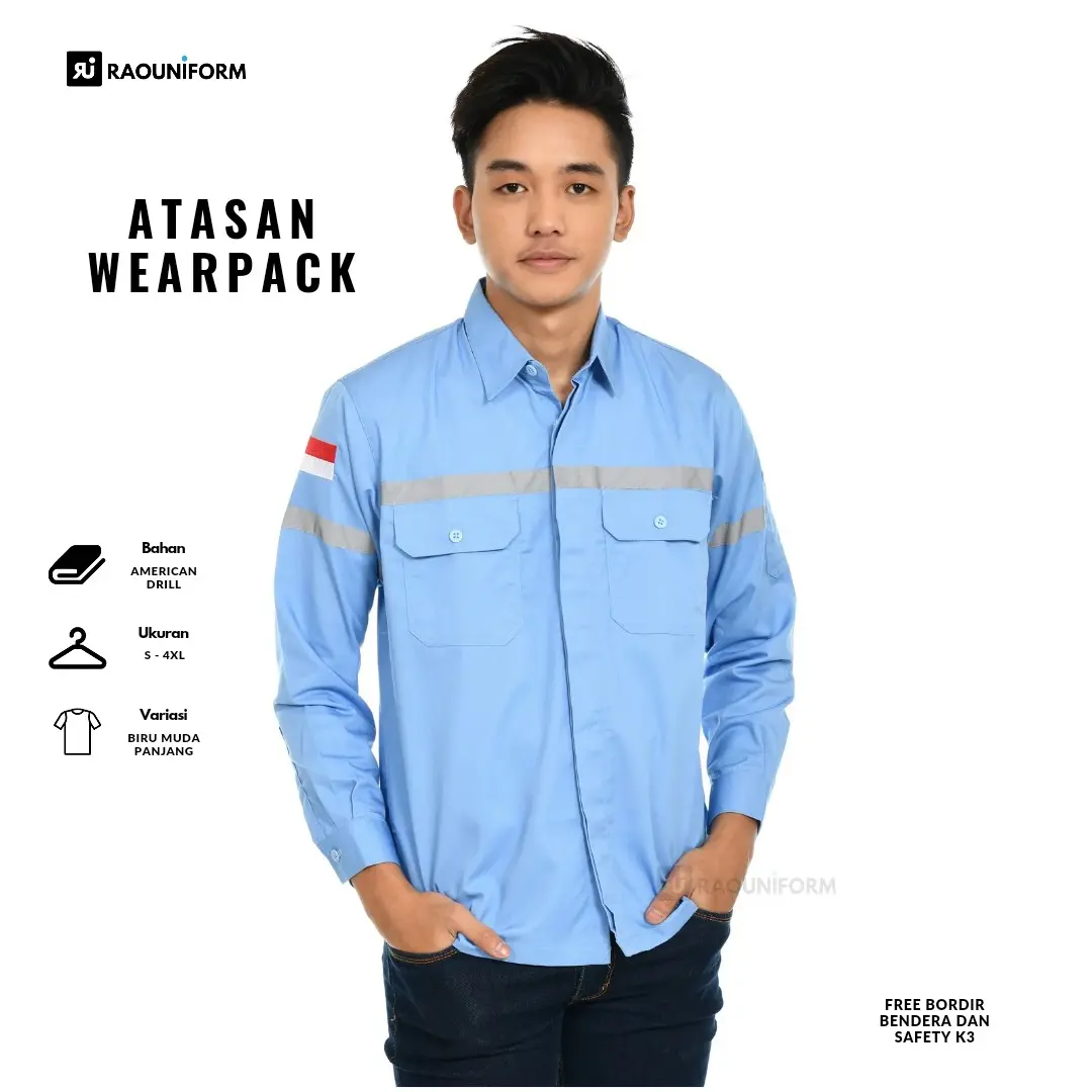 Kemeja seragam kerja/Baju safety lengan panjang/Baju kerja lapangan/Seragam safety lapangan/Baju kerja proyek Abu Biru Bordir Merah Putih Wearpack