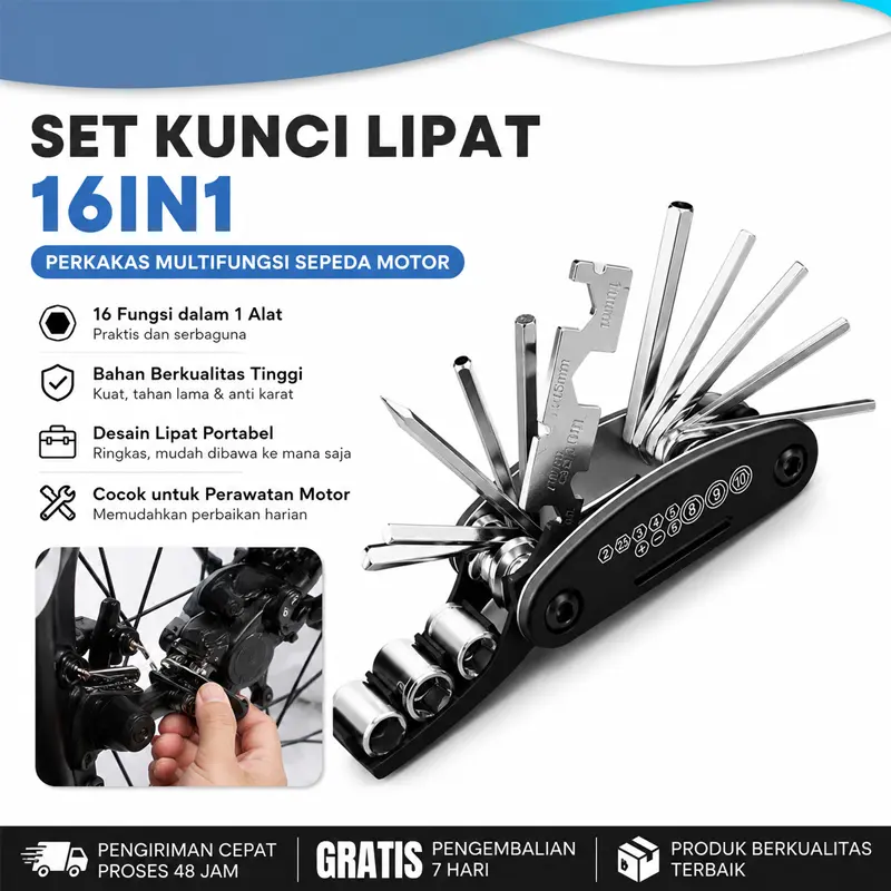 Kunci peredam kejut lipat, kunci pas motor, set alat 16 buah, kunci pas dan obeng 16-in-1