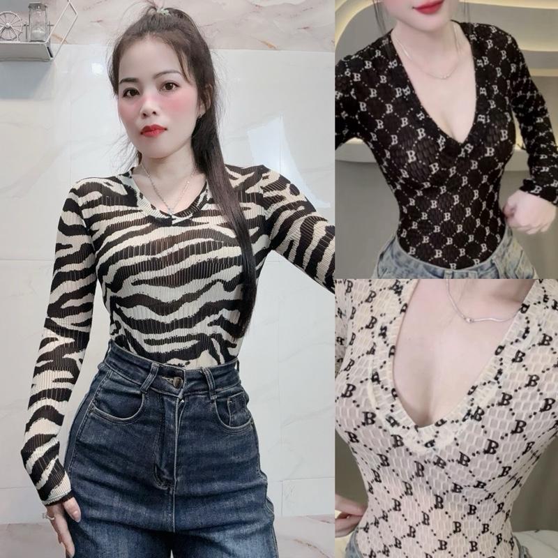 200_ Áo cổ tim tay dài [FOM ÔM] lưới mềm mỏng