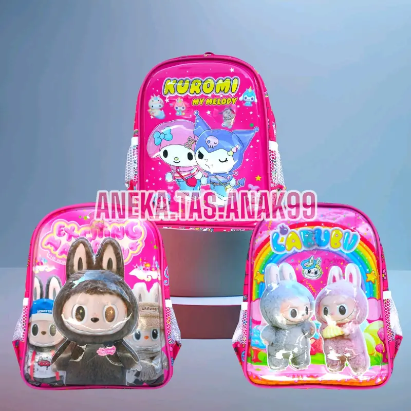 Tas Sekolah Anak Perempuan Labubu 3D Karakter Timbul dengan Lampu LED - Kurumi & Melody - Fashion 0