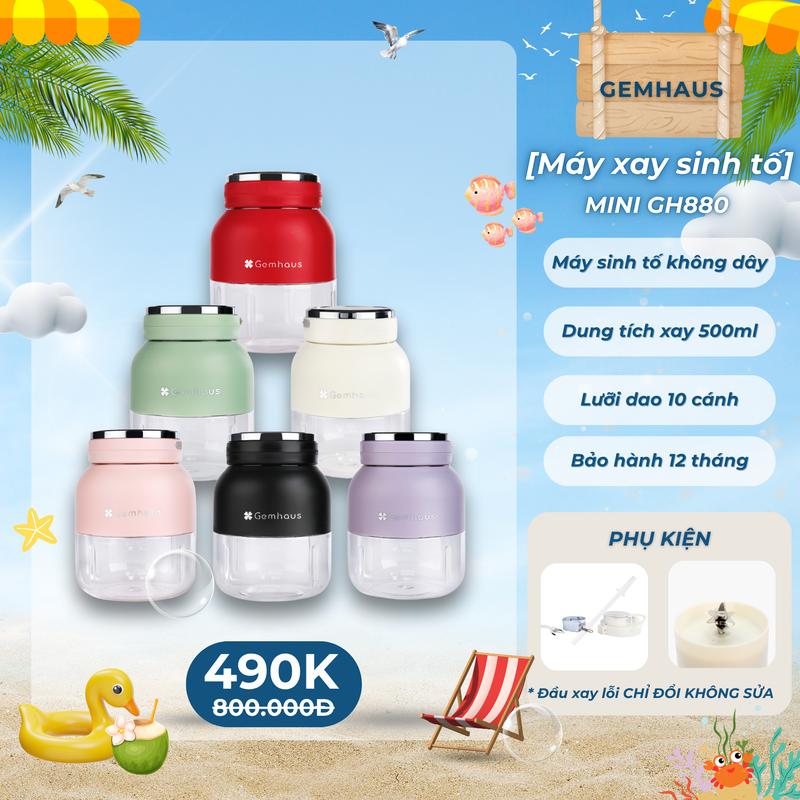 [2025 Edition New] Máy xay sinh tố dùng pin sạc mini Gemhaus GH880 500ml,  dung tích đựng nước 800ml, nhỏ gọn, tiện lợi, có kèm dây đeo cổ và nắp đậy, bảo hành 12 tháng, đầu xay lỗi chỉ đổi không sửa.
