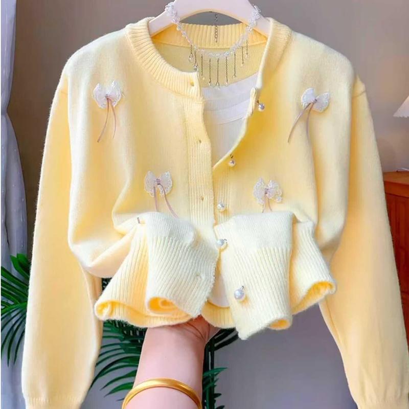 Áo Len Nơ Màu Vàng, Sang Trọng Và Đẹp Mắt, Dành Cho Nữ, Nhẹ Nhàng Và Mềm Mại, Áo Khoác Cardigan Dệt Kim Lười Biếng, Thích Hợp Cho Mùa Thu Và Mùa Đông, Năm 2024