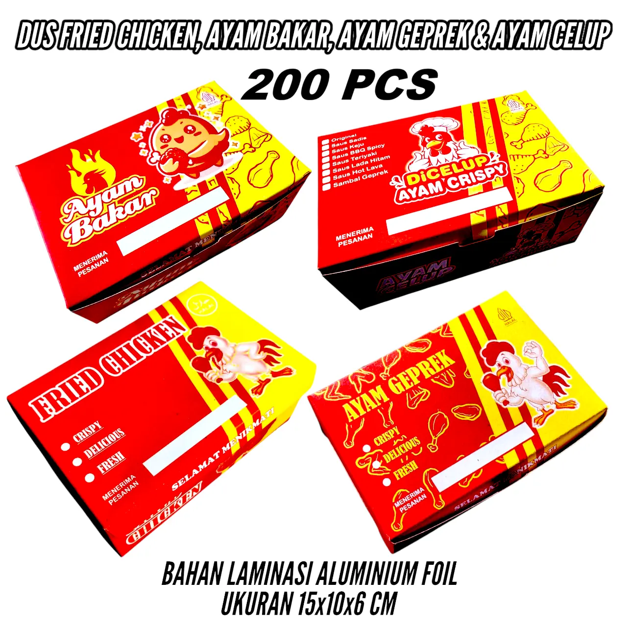 200 Pcs Dus Ayam Bakar, Ayam Celup, Fried Chicken dan Ayam Geprek | Ukuran 15x10x6 cm Aluminium Foil