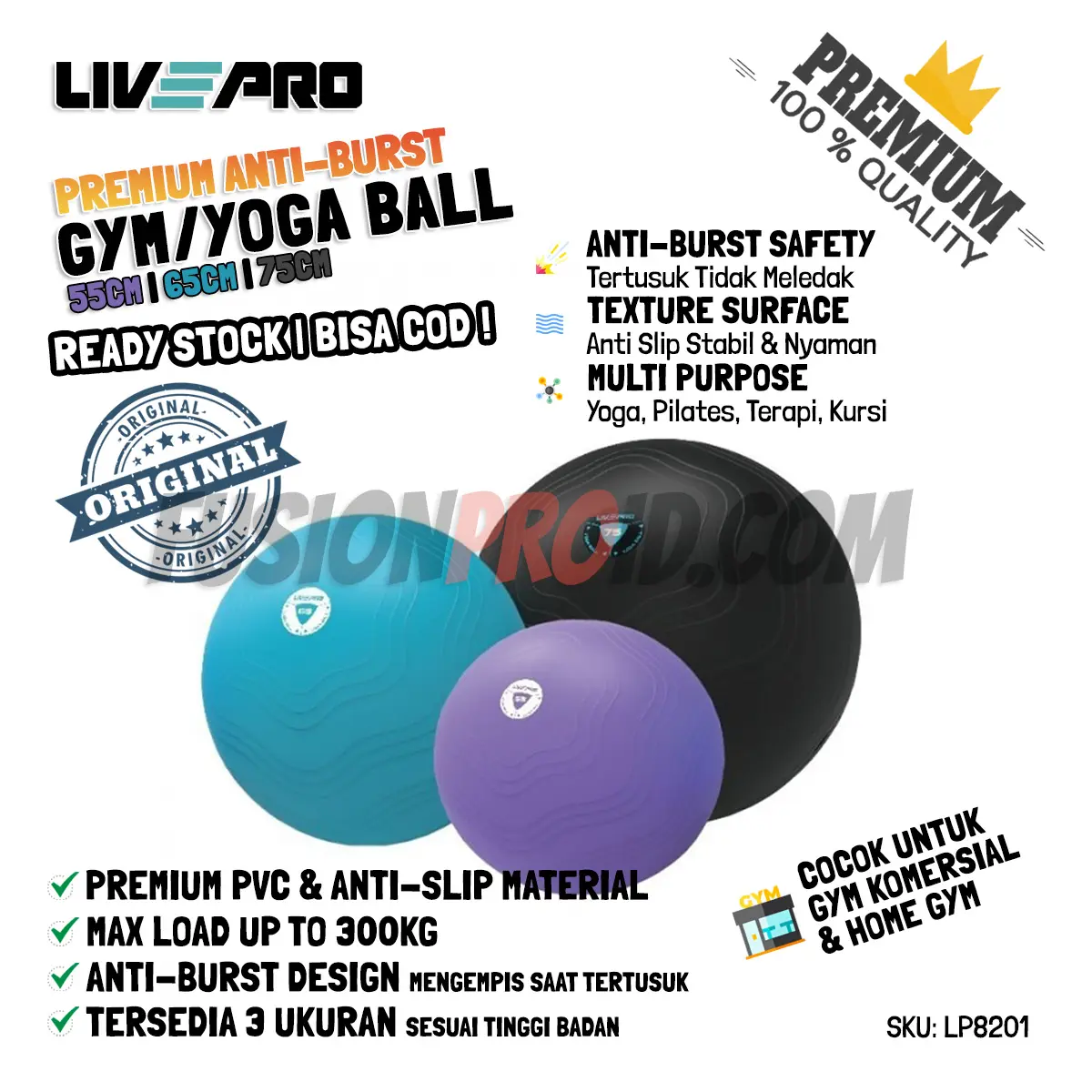 Livepro LP8201 Gym Yoga Ball Anti-Burst 55/65/75cm – Bola Fitness Original | Anti Meledak
