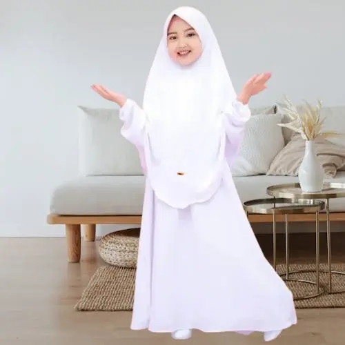 Khadijah Set gamis syarii plus hijab anak perempuan Muslim Crinkle Airflow Baju 2