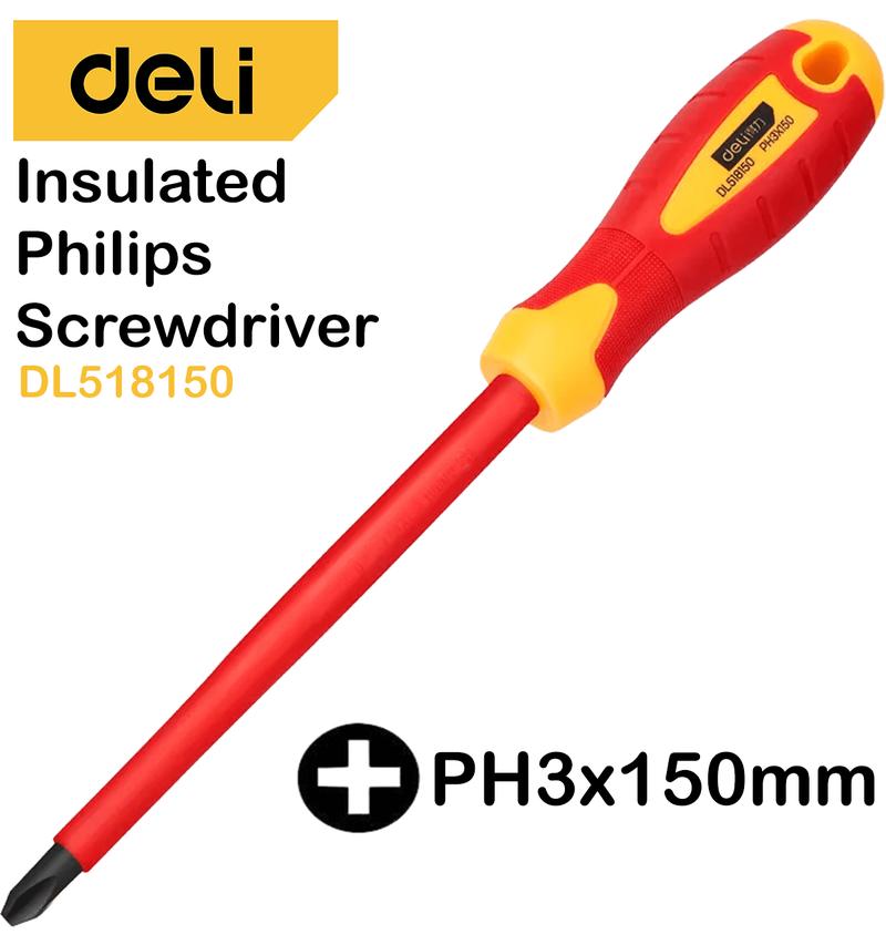 Product Introduction of DELI Insulated Screwdriver Slotted Philips 1000V CRV Blackened Rod VDE Certified 1000V Insulated Handle Electrical Tools 7