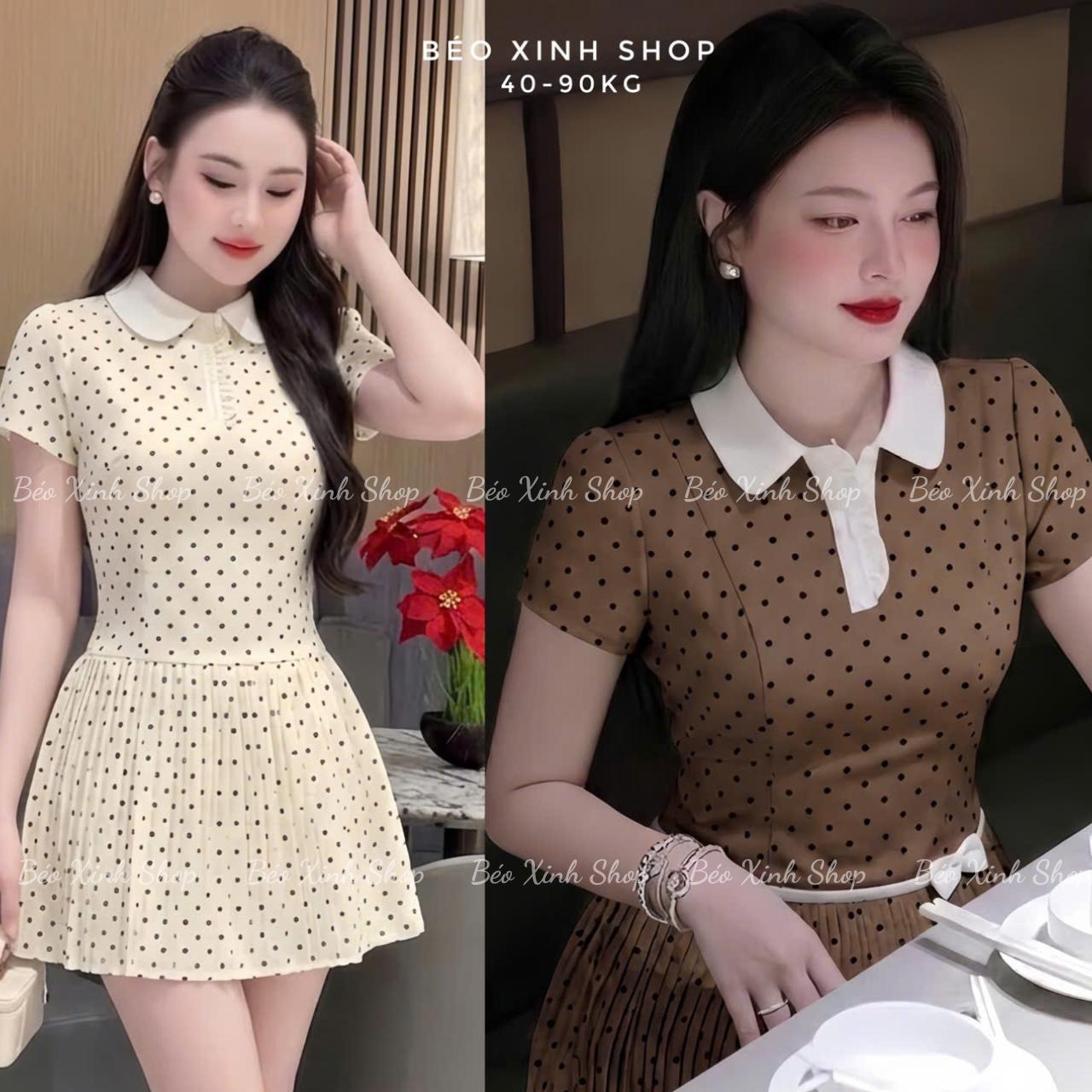 Váy Dự Tiệc Nữ Tiểu Thư Cổ Bèo Phối Nơ Vải Cotton Chấm Bi Cao Cấp Thanh Lịch Cho Các Nàng Bigsize 40–90kg Thời Trang Nữ Béo Xinh Shop - A.1755