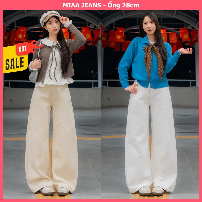   MIAA  Quần Jean Trắng Nữ Cạp Cao Ống Suông Rộng 28cm - Chất Vải Jeans Cao Cấp - Màu Trắng Kem Nâu Đen - Quần Bò Ống Rộng Nữ Màu Trắng - Mã J09 