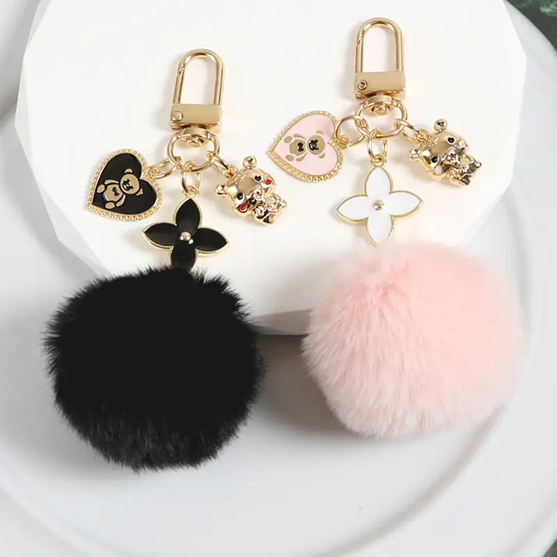 Ins New Kawaii Love Bear Pink Black Pompom Keychain Ladies Bag Pendant Car Key Holder Girl Key Ring Charms Accessories Gift