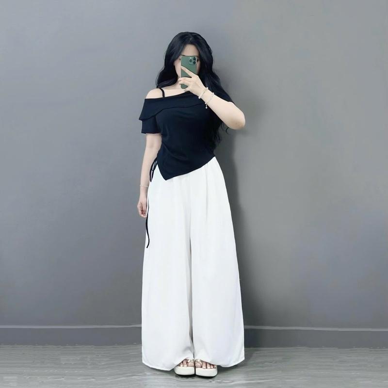  Set Áo Quần Trẻ Trung Bigsize Nữ  CÓ LẺ QUẦN  ÁO  Áo Trễ Vai Vạt Chéo Kèm Dây Rút Phối Quần Suông Ống Siêu Rộng Giả Váy Cho Nữ Chuppy  55-92Kg - G213  Q530 