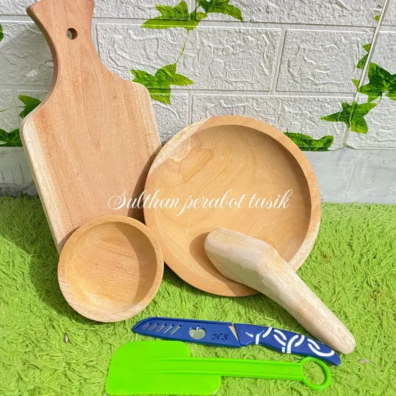 Paket Hemat Set Sambal Kumplit 6 Buah Cobek, Talenan Kayu, Pisau Buah dan Lemet - kichenware Dapur 1
