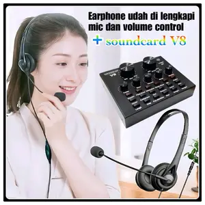 paket live streaming soundcard V8+Headphone 490 peralatan audio  Laptop