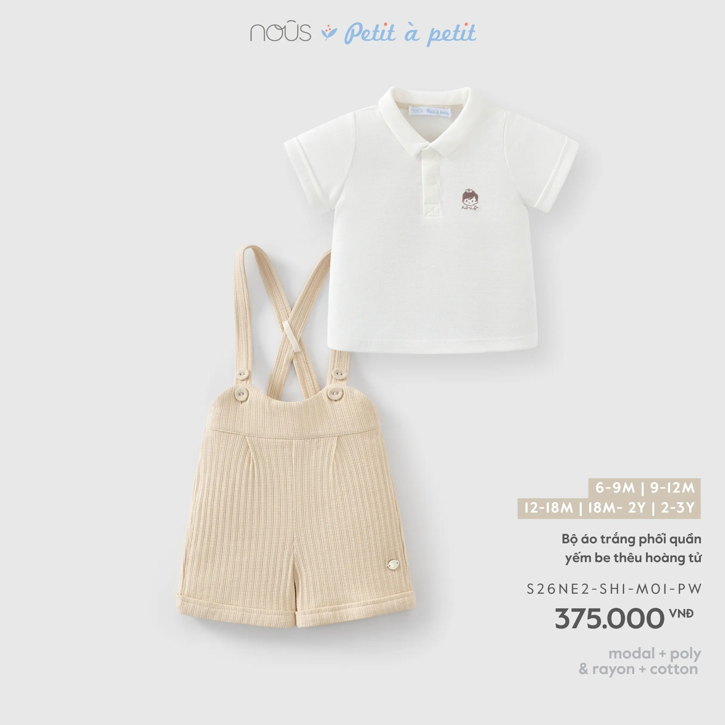 Bộ áo trắng phối quần yếm be thêu hoàng tử