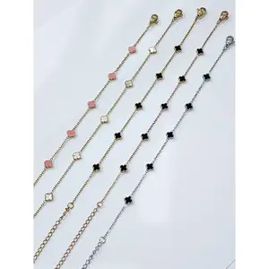 Gelang Titanium Bolak Balik Wanita Fashion Model Clover Tahan Karat & Anti Luntur Bahan Titanium Desain Elegan Fleksibel