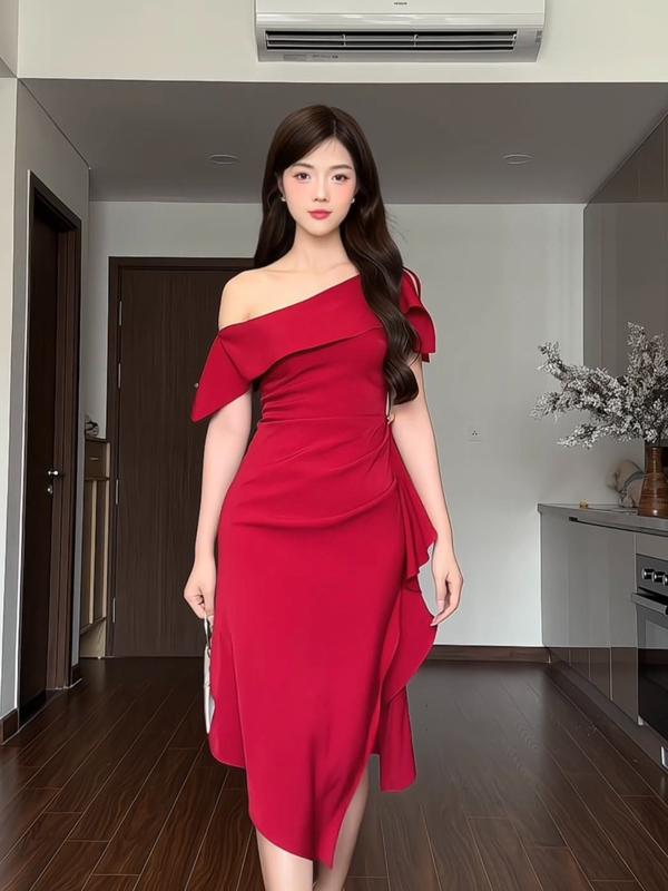 ZAMY SHOP - Váy TK lệch vai vạt bèo xẻ đầm đi tiệc đẹp cho nữ, đầm dáng dài, váy đi ăn đám cưới