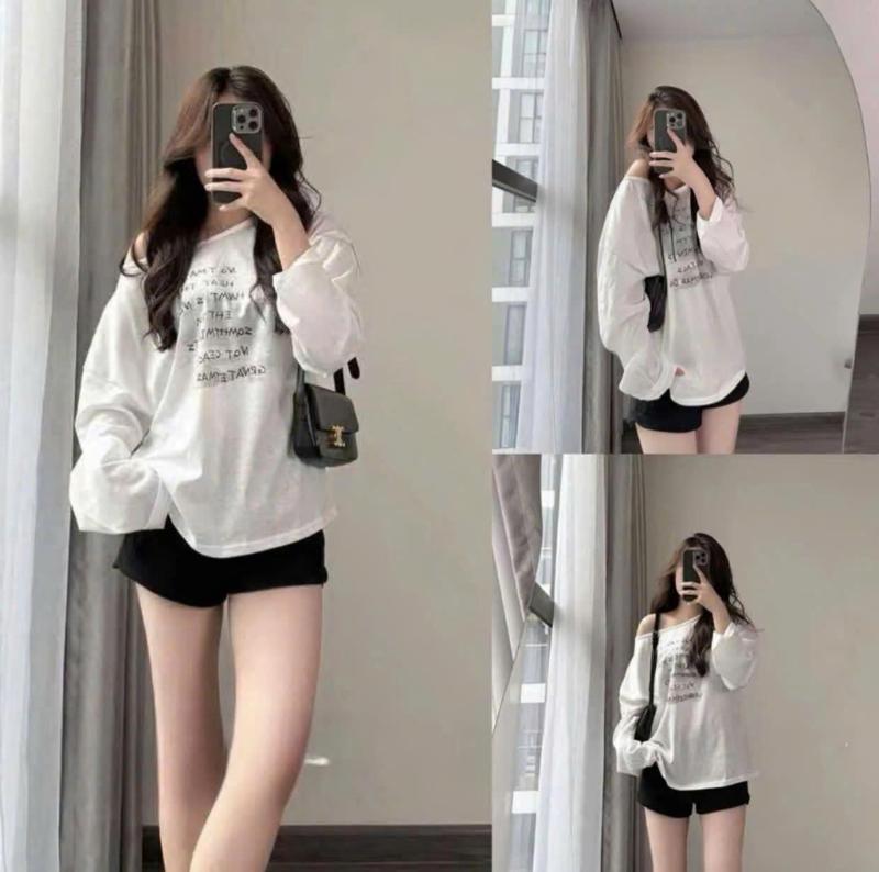 DEAL HOT: ÁO THUN XƯỚC LỆCH VAI DÀI TAY IN HÌNH VÀ CHỮ DÁNG SUÔNG SEXY M13A