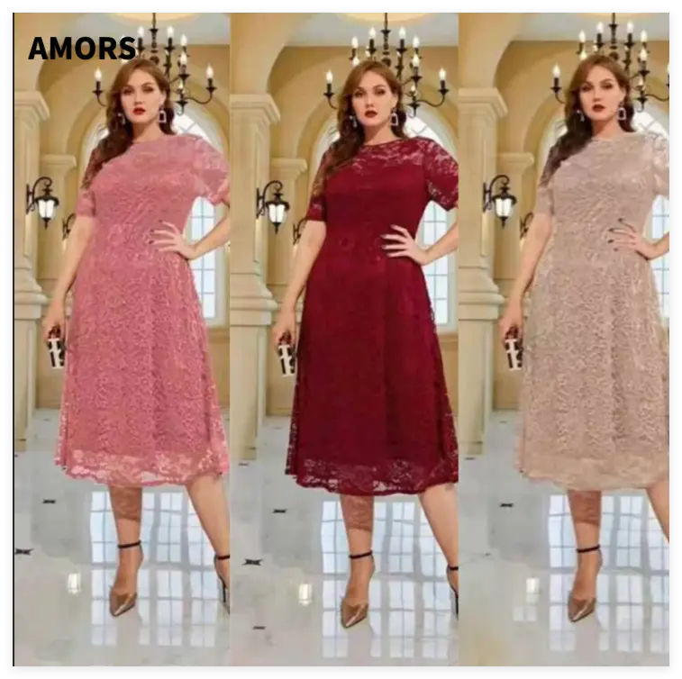 AMORS Plus Size Dusty Pink Lace Chiffon Maxi Dress Women V Neck Short  Sleeve Bridesmaid Wedding Guest Dress