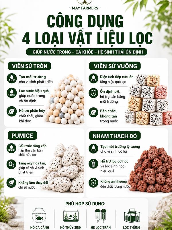 COMBO Vật Liệu Lọc Dành Cho Thuỷ Sinh...+Tặng Kèm Gòn Lọc Và Than Hoạt Tính