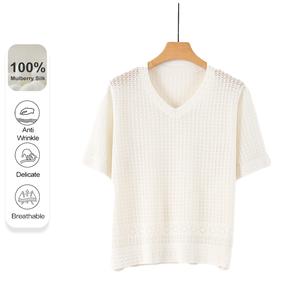 MuMeng [100% Mulberry Silk] Mesh Hollowed out Shirt,  Breathable  Knitted T-shirts V-neck Top for Women Anti-Wrinkle Delicate5645