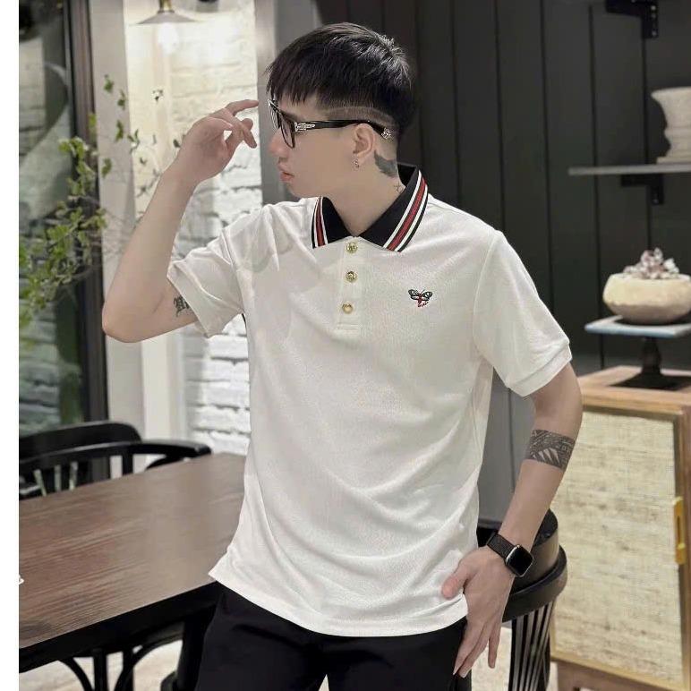 Áo thun nam cổ bẻ bo dệt thêu bướm  cao cấp thun thêu phối viền cổ chất vải đẹp Polo Menswear Có Cổ Shirt Ngắn Tay Trắng